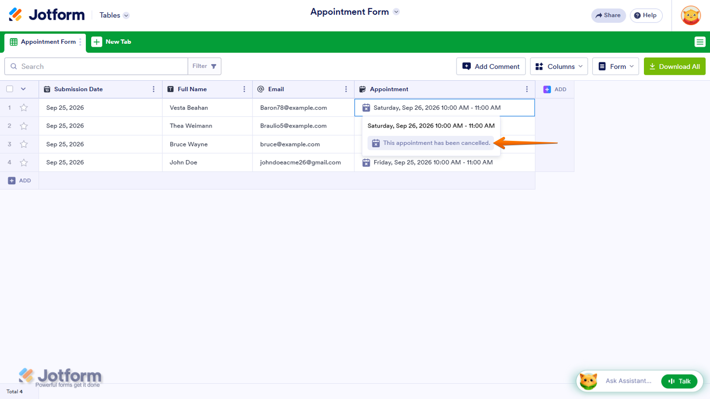 Jotform Tables showing filtered submissions with the appointment cancellation status