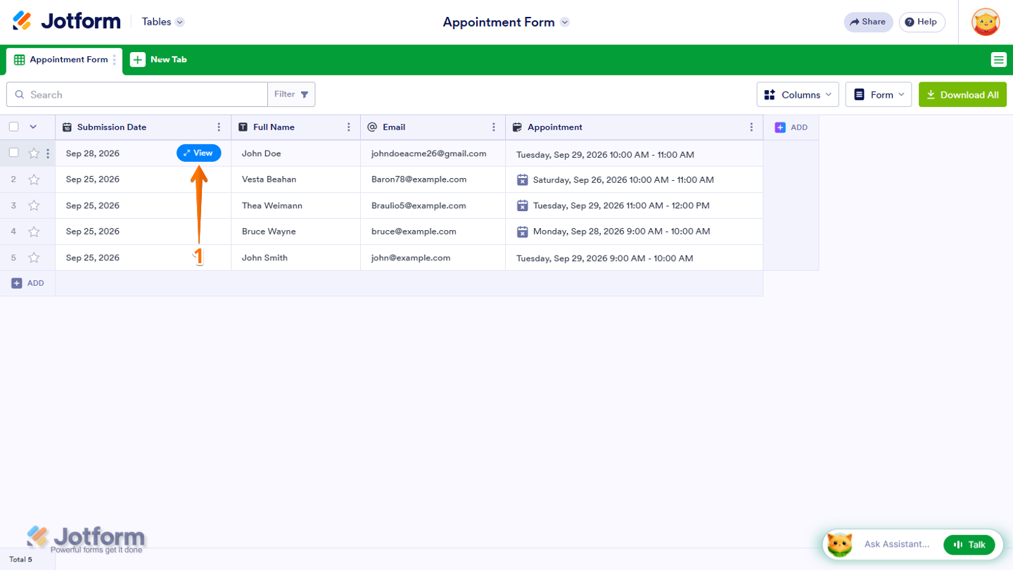Jotform Tables showing a submission with the View option available to open and update the submission