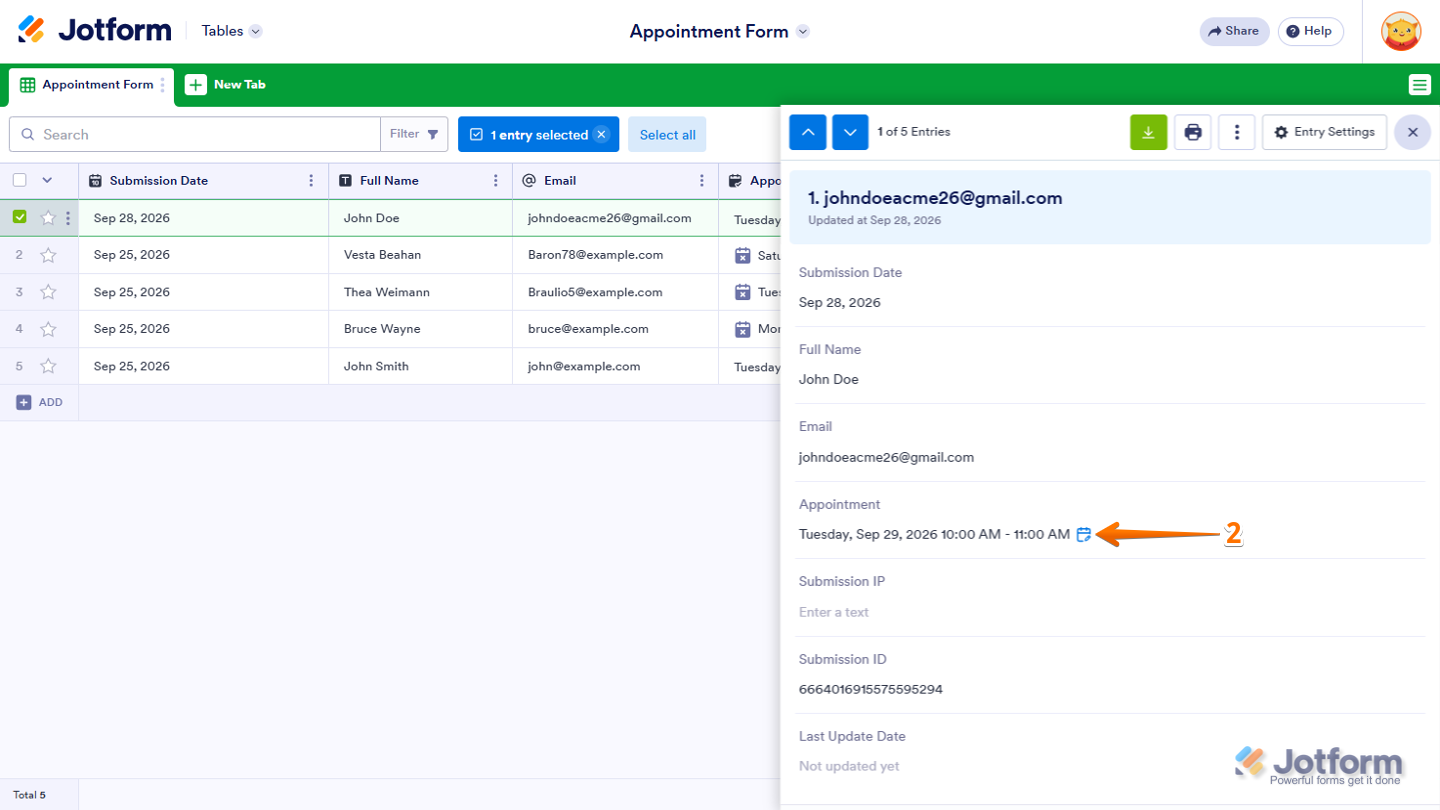 Jotform Tables showing the submission details menu on the right side with the Calendar icon for rescheduling or canceling the appointment