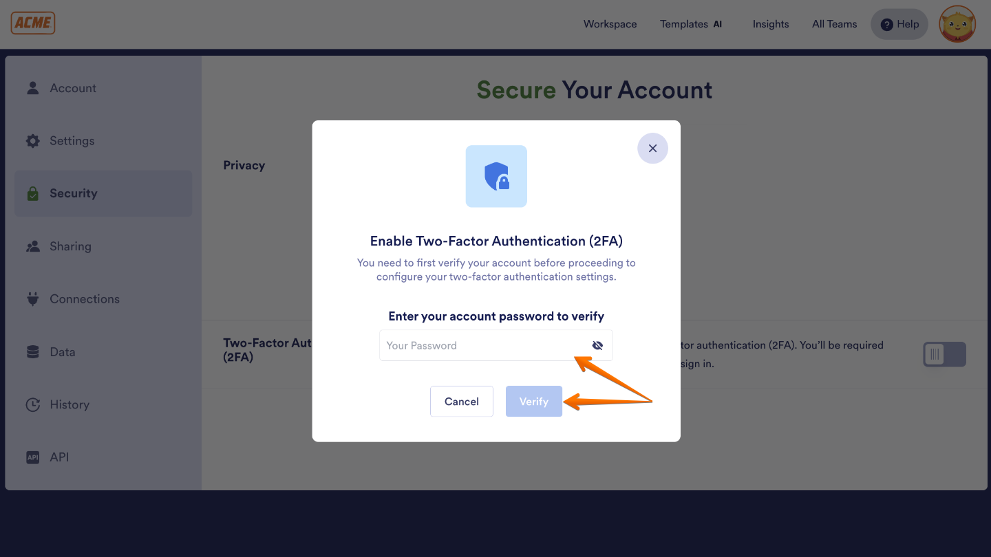 Enable Two-Factor Authentication window prompting the user to enter their password for account verification