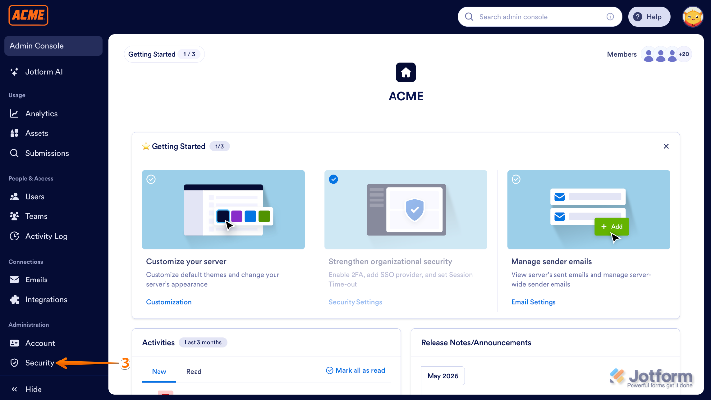 Admin Console Dashboard showing the Security option selected from the left-side navigation menu