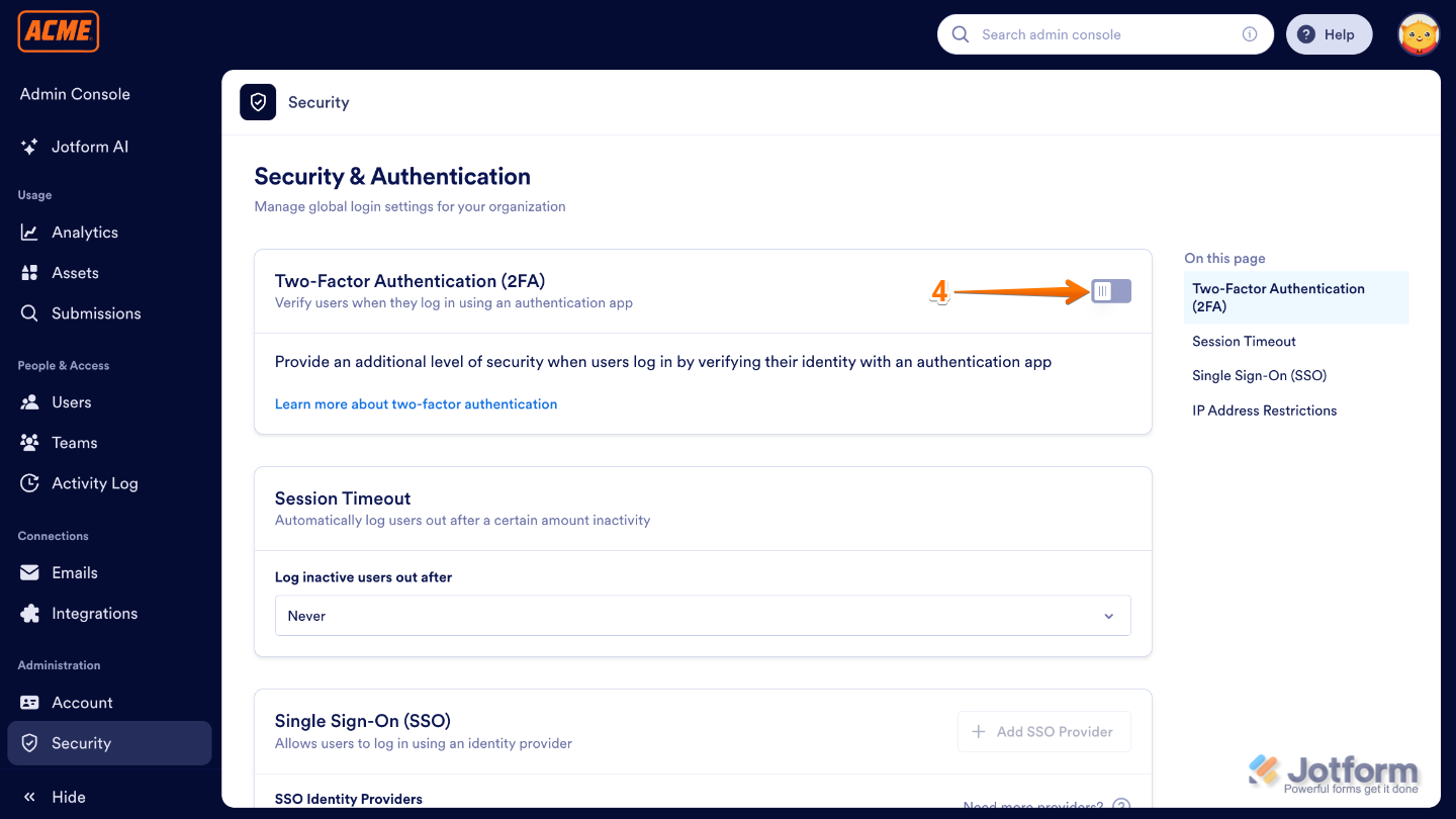Admin Console Security settings showing the Two-Factor Authentication (2FA) toggle enabled under Security & Authentication
