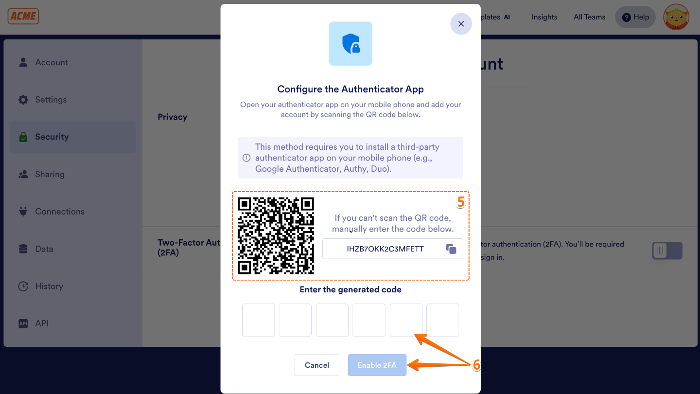 Configure the Authenticator App window showing a QR code, setup key, and verification code fields for enabling 2FA