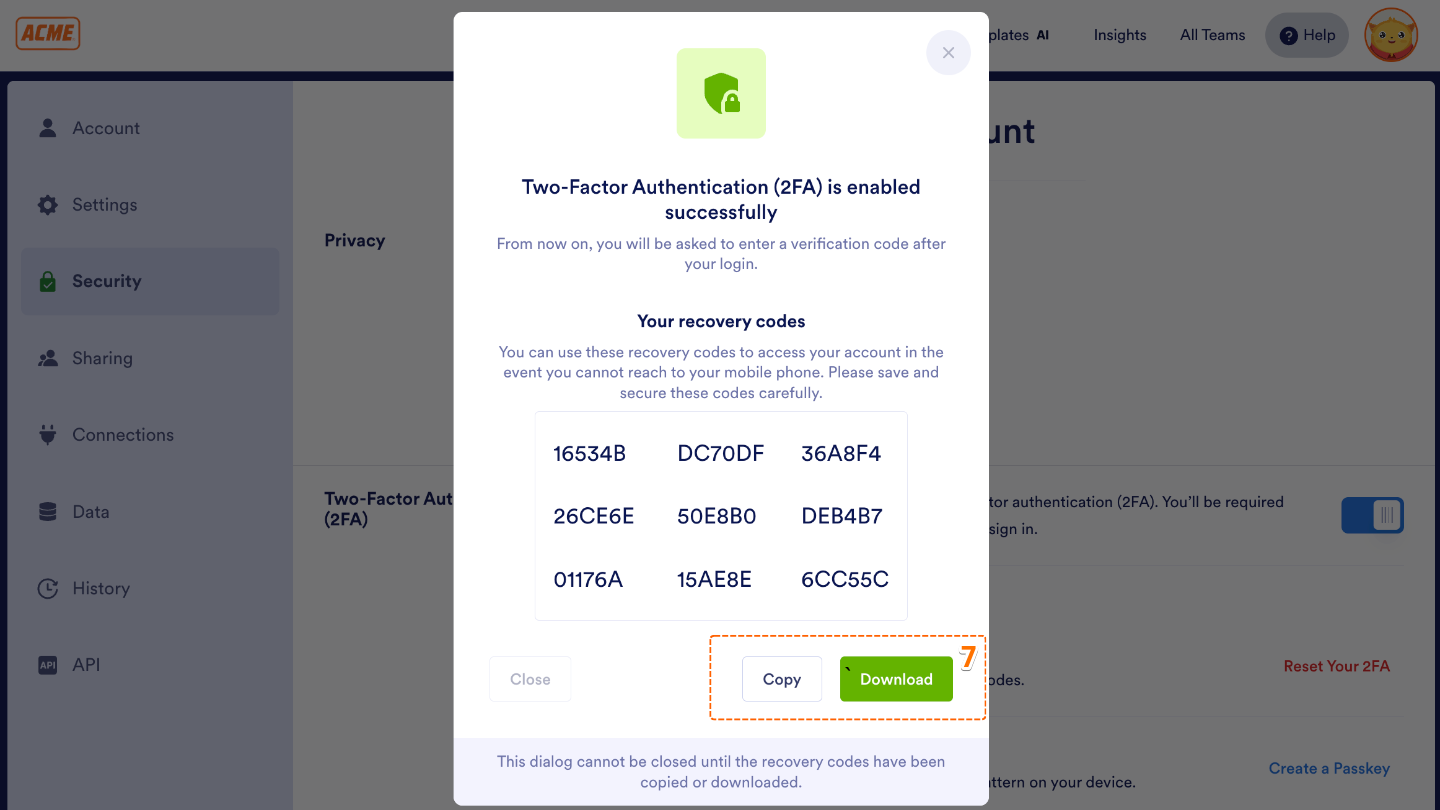 Two-factor authentication confirmation window showing recovery codes with options to copy or download them for safekeeping