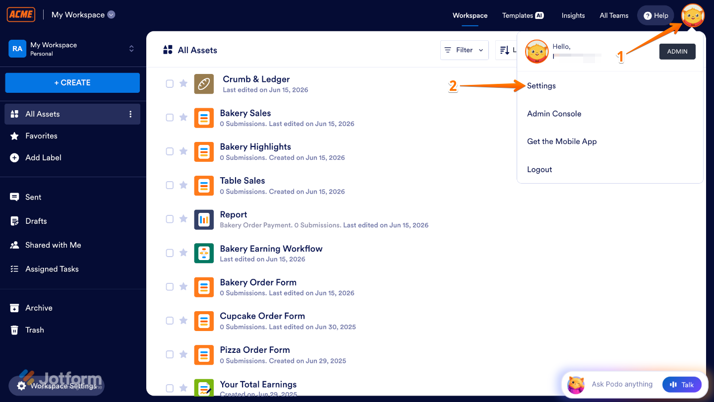 Workspace page showing the profile avatar menu with the Settings option selected