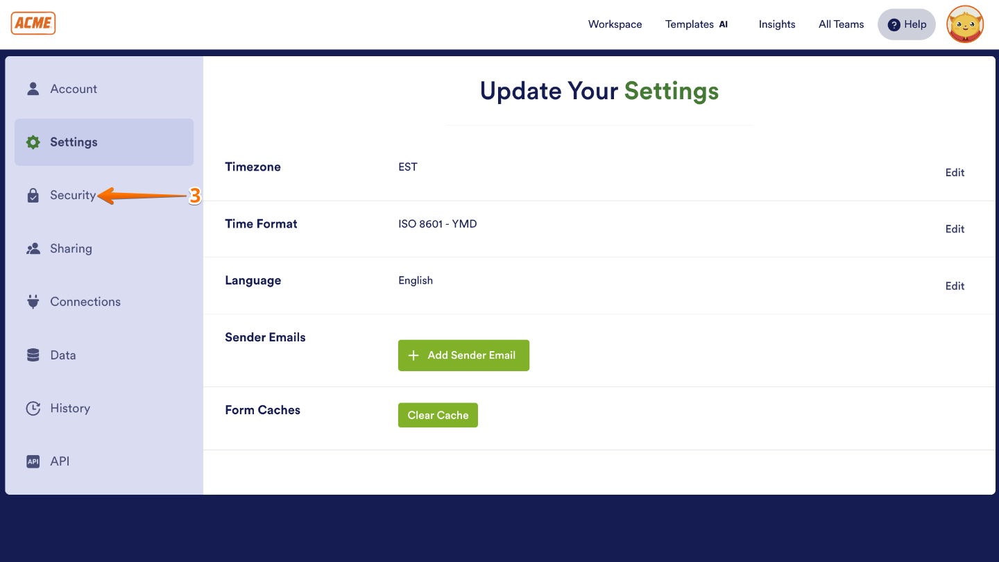 Account settings page showing the Security option selected from the left-side navigation menu