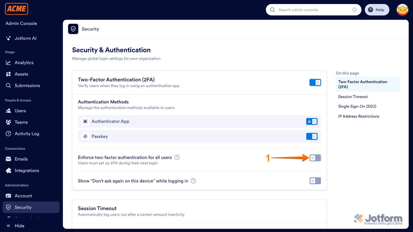 Admin Console Security settings showing the Enforce Two-Factor Authentication For All Users option enabled