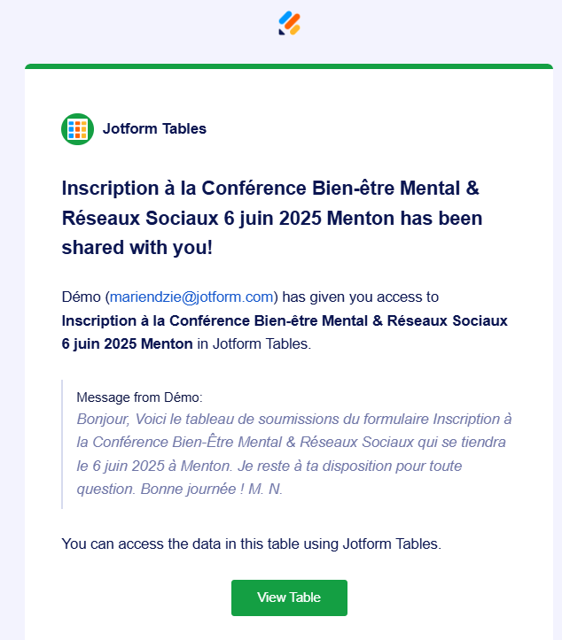 Capture d'écran d'un exemple d'email reçu comme invitation à collaborer sur un tableau Jotform
