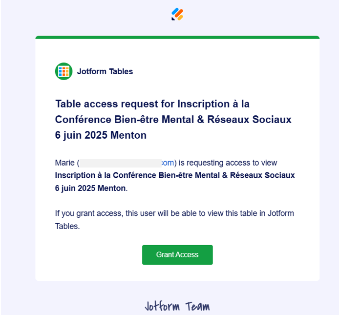 Capture d'écran d'un exemple d'email de notification de demande d'accès à un tableau Jotform