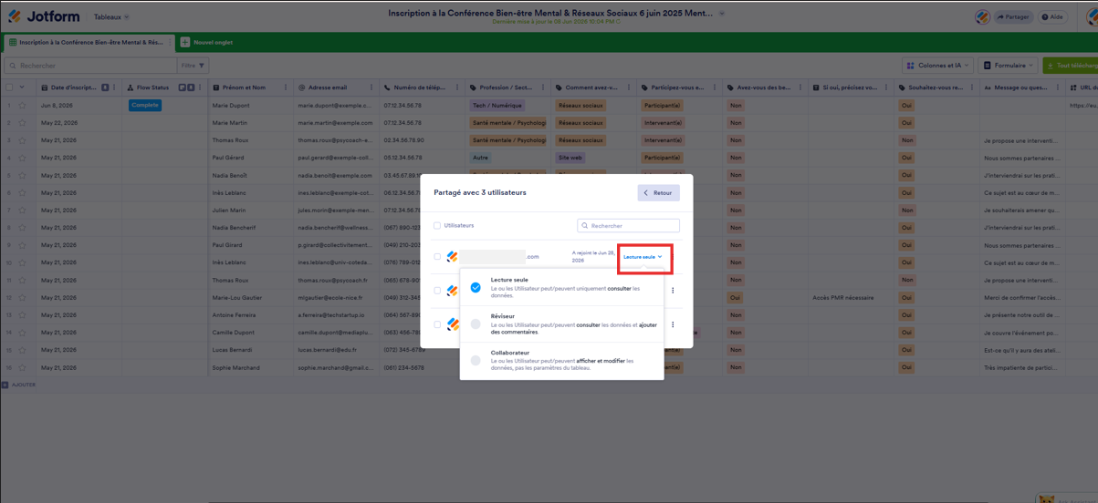 Capture d'écran de la fenêtre modale Partagé avec x utilisateurs avec un encadré autour de Lecture seule et le menu déployé avec les autres options de permission