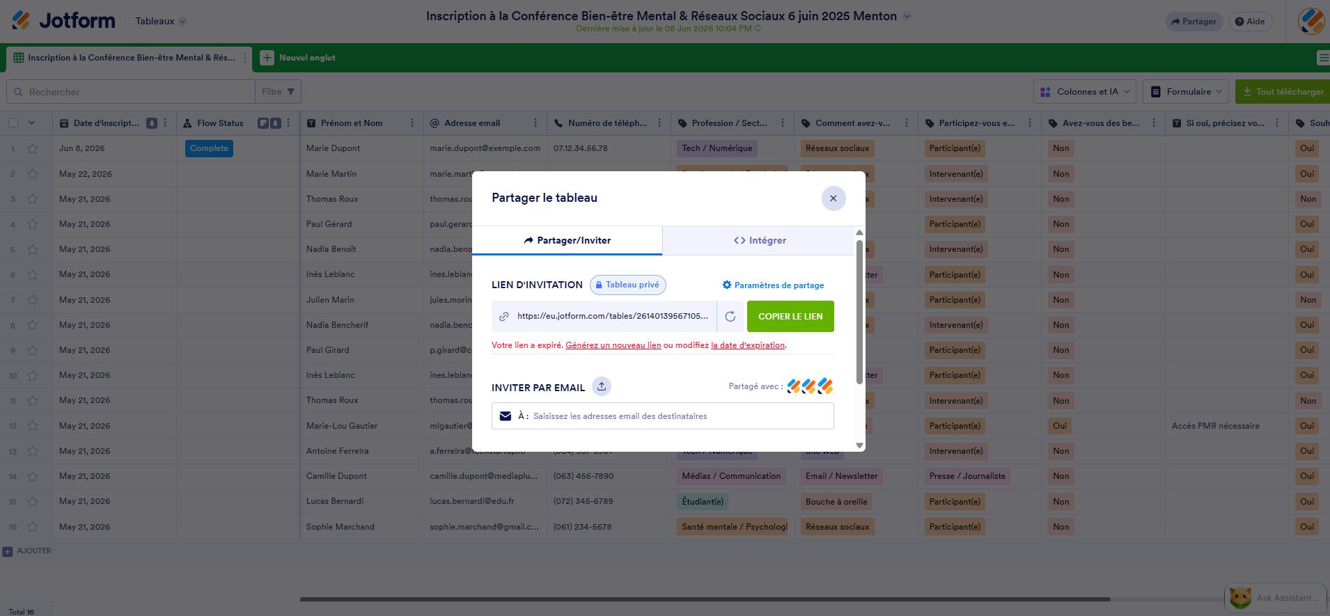 Capture d'écran de la fenêtre Partager le tableau avec cet avertissement : "Votre lien a expiré