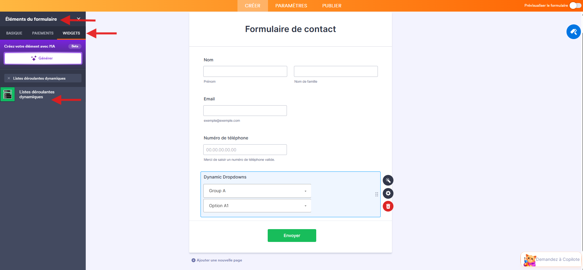 Capture d'écran d'un formulaire dans le Générateur de formulaires Jotform avec une flèche vers Éléments de formulaire, une autre vers l'onglet Widgets et une troisième vers Listes déroulantes dynamiques