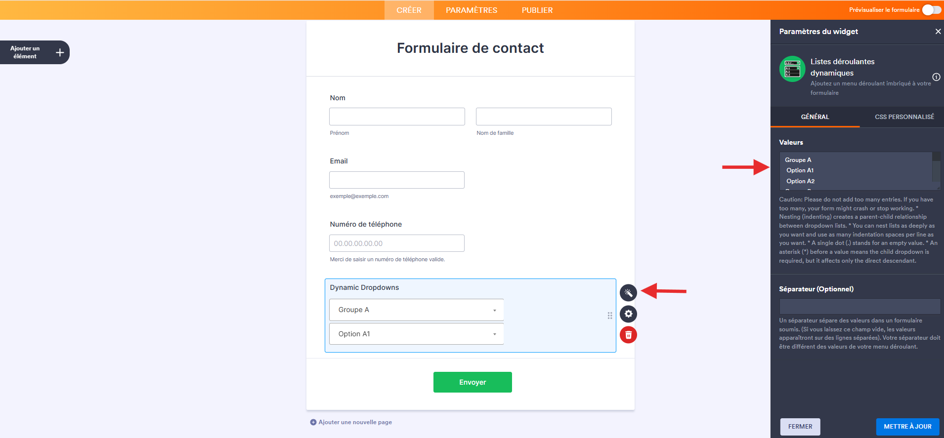 Capture d'écran d'un formulaire dans le Générateur de formulaires Jotform avec une flèche pointant vers l'icône de baguette magique et une autre vers le champ Valeurs