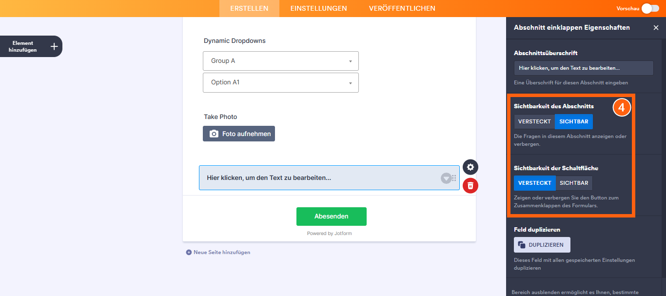 Mehrere Felder auf einmal ein- oder ausblenden mit dem Element Abschnitt Einklappen Image-3
