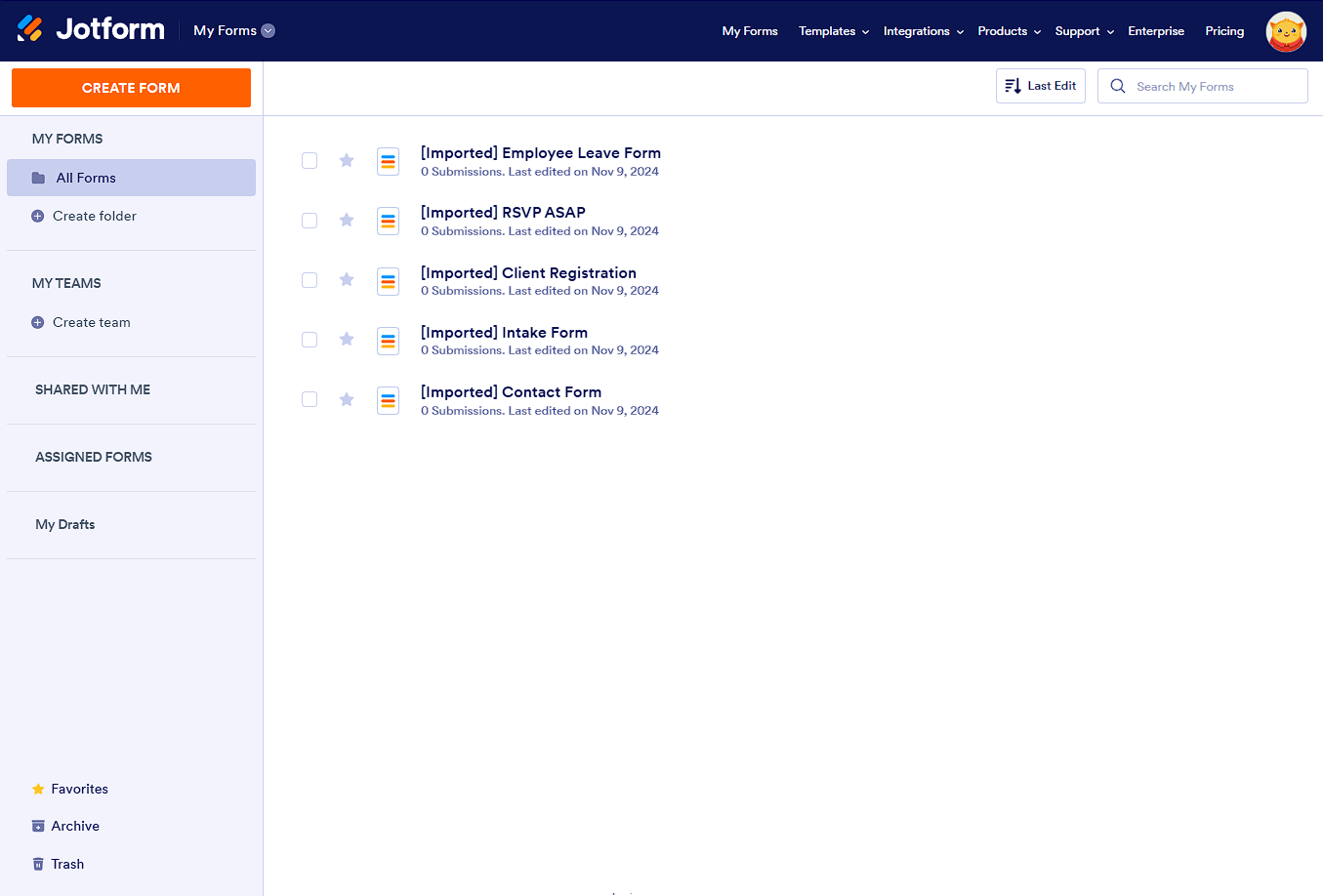 My Forms page showing the imported Formstack forms
