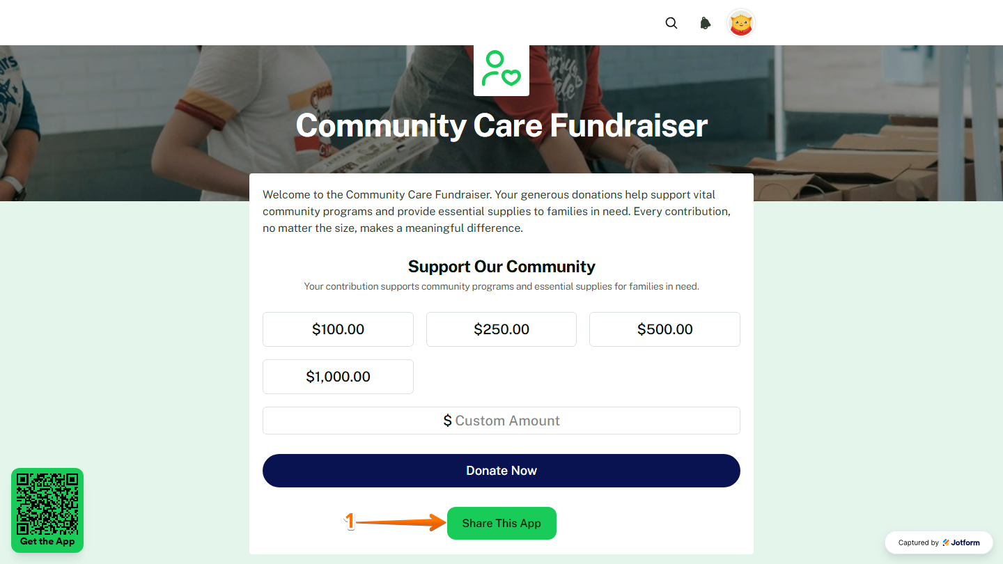 Jotform donation app interface displaying the Share This App button for sharing the app with others