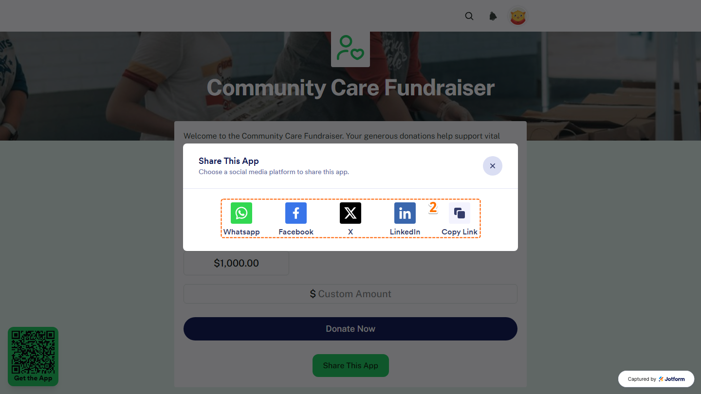 Jotform donation app Share This App window displaying sharing options for WhatsApp, Facebook, X, and LinkedIn, along with the Copy Link option to copy the app URL