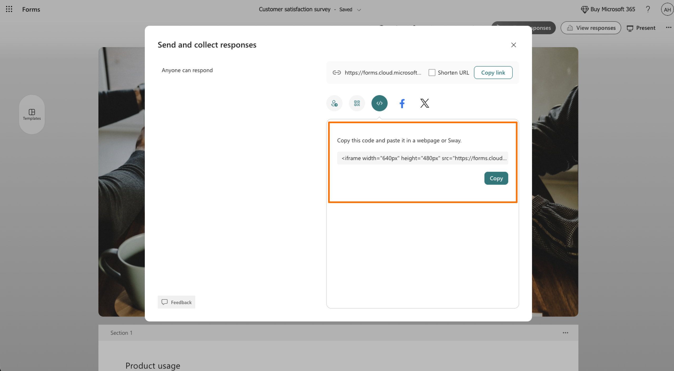 Google Forms Form Editor "Send and collect responses" menu Embed Code Option