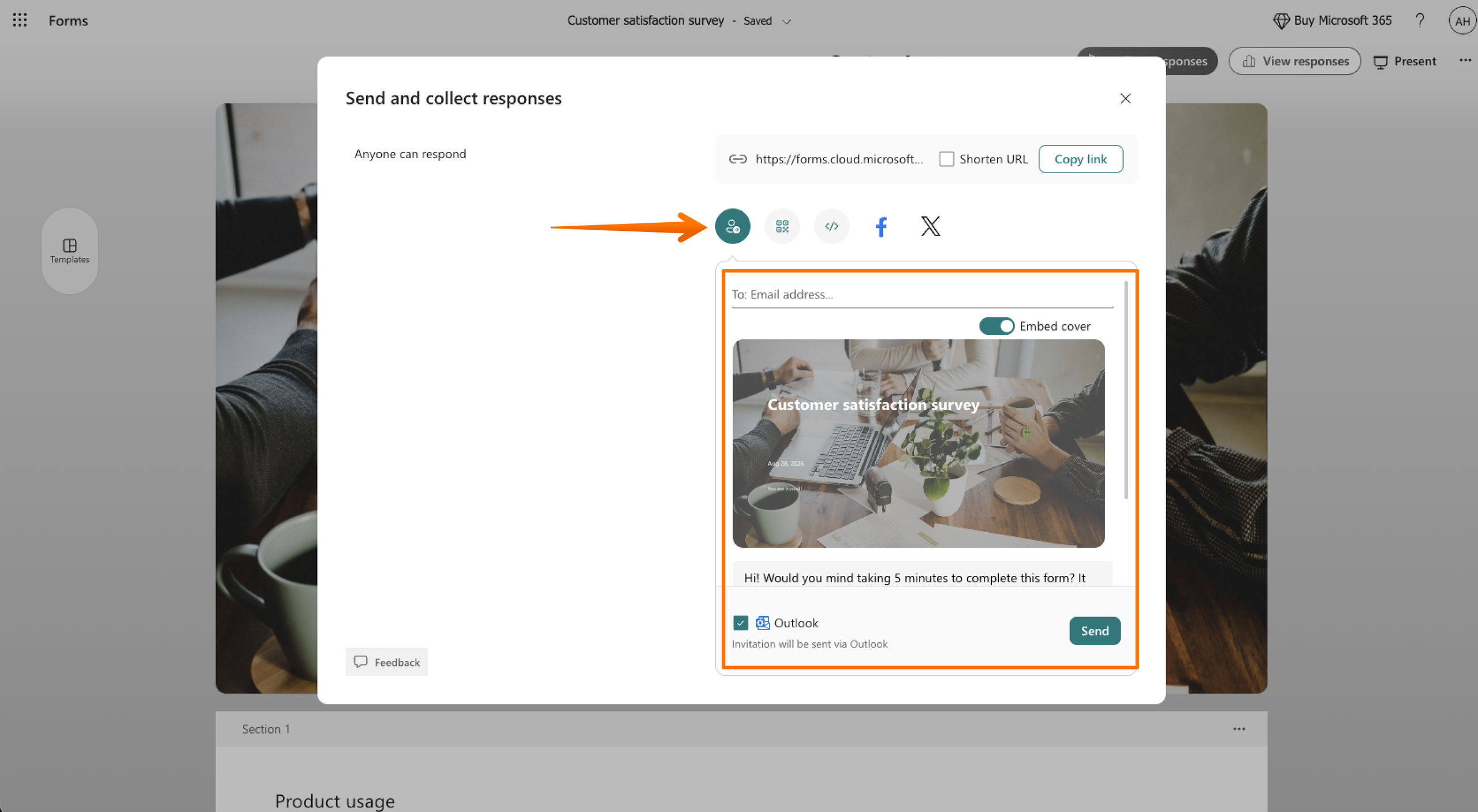 Microsoft Forms Form Editor "Send and collect responses" Menu Invitation Option