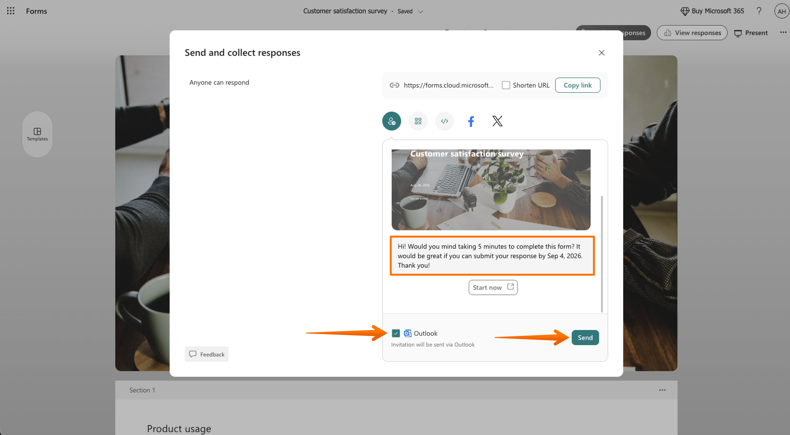Microsoft Forms Form Editor "Send and collect responses" Menu Invitation Option Invitation Message Text Box