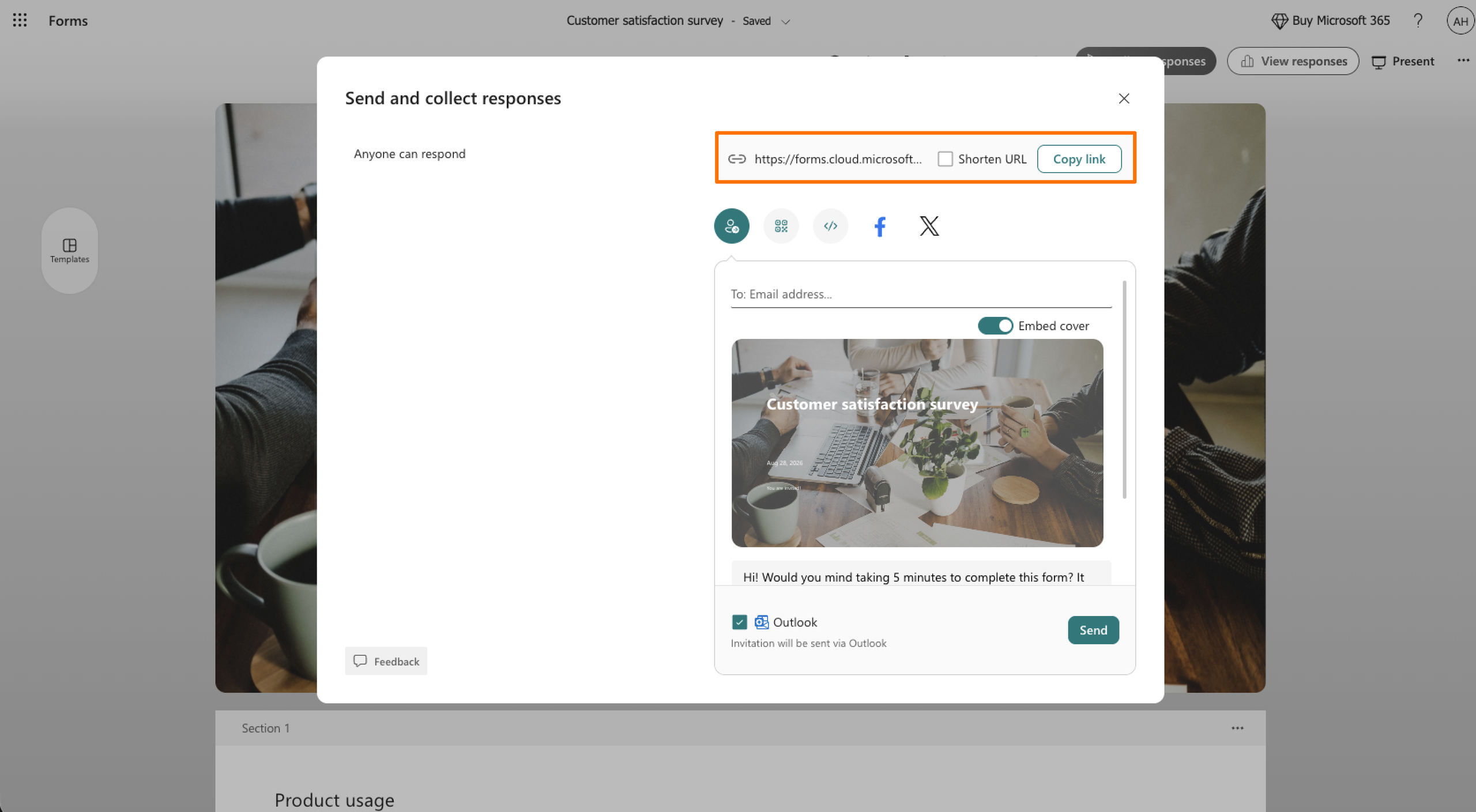 Microsoft Forms Form Editor "Send and collect responses" menu Form Link Section