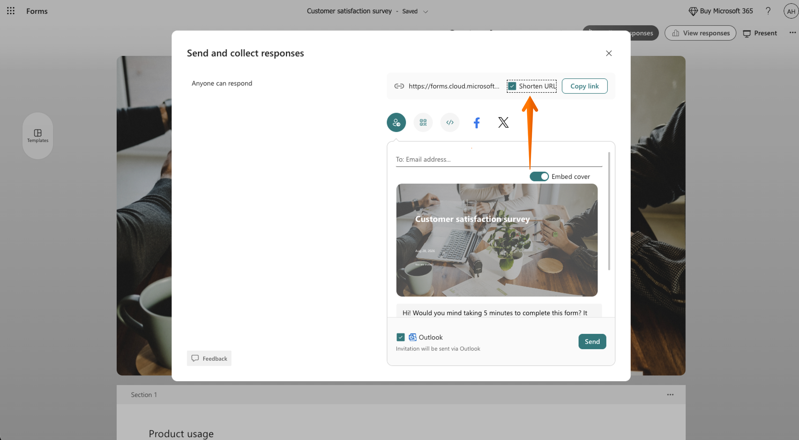 Microsoft Forms Form Editor "Send and collect responses" menu Form Link Section Shorten URL Button
