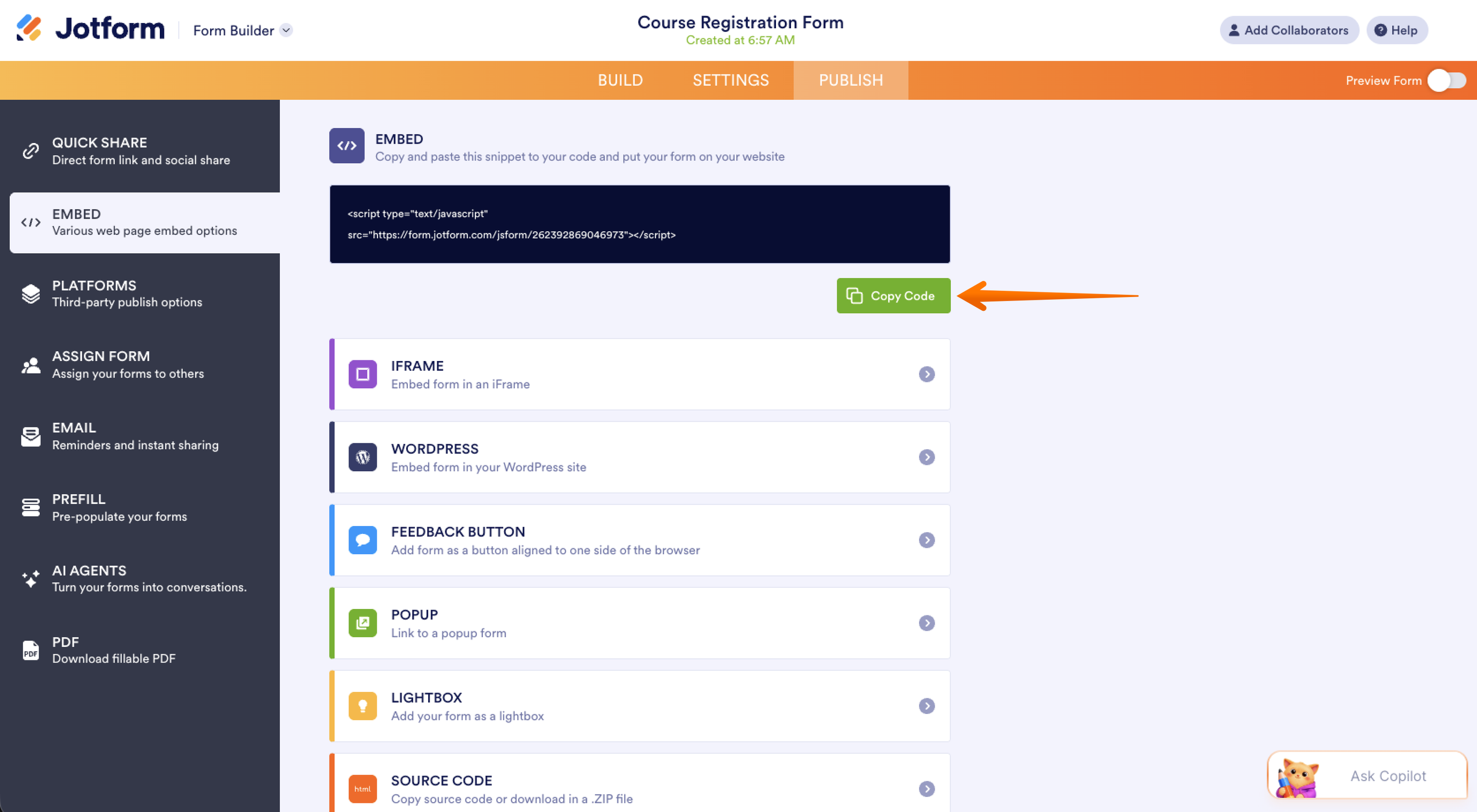 Jotform Form Builder Publish Tab Embed Menu Copy Code Button
