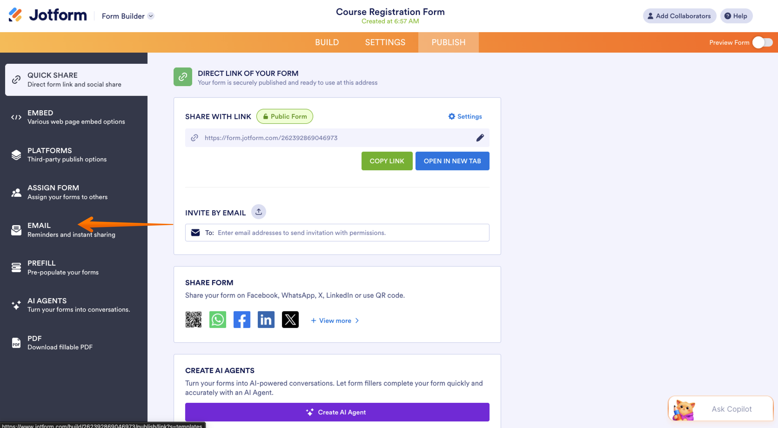 Jotform Form Builder Publish Tab Email Menu