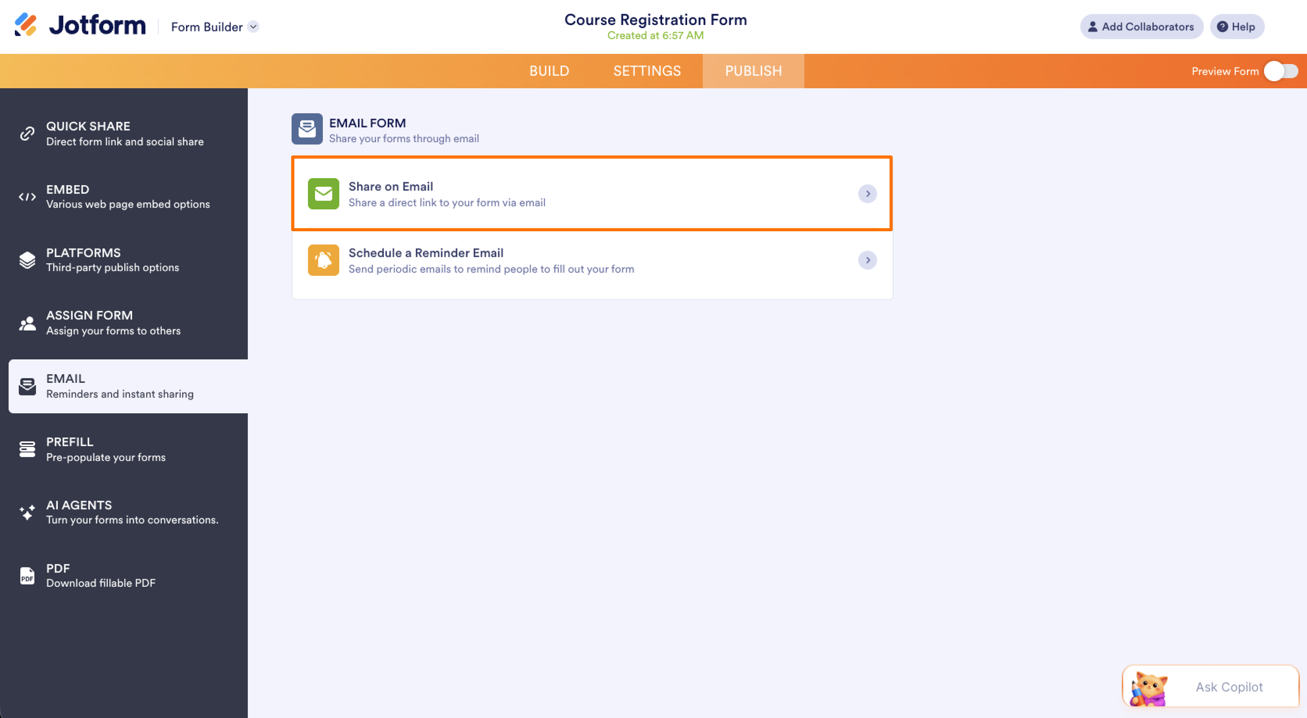 Jotform Form Builder Publish Tab Email Menu Share on Email Option