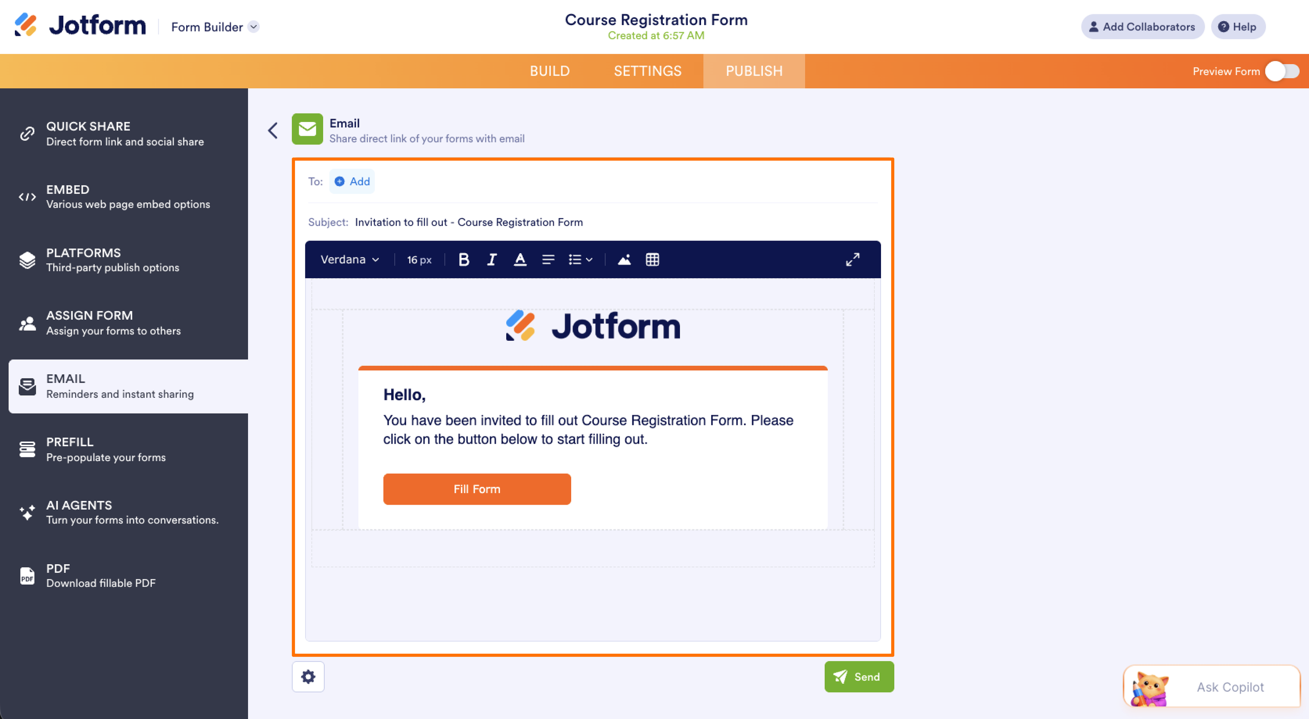 Jotform Form Builder Publish Tab Email Menu Email Share Message Editor