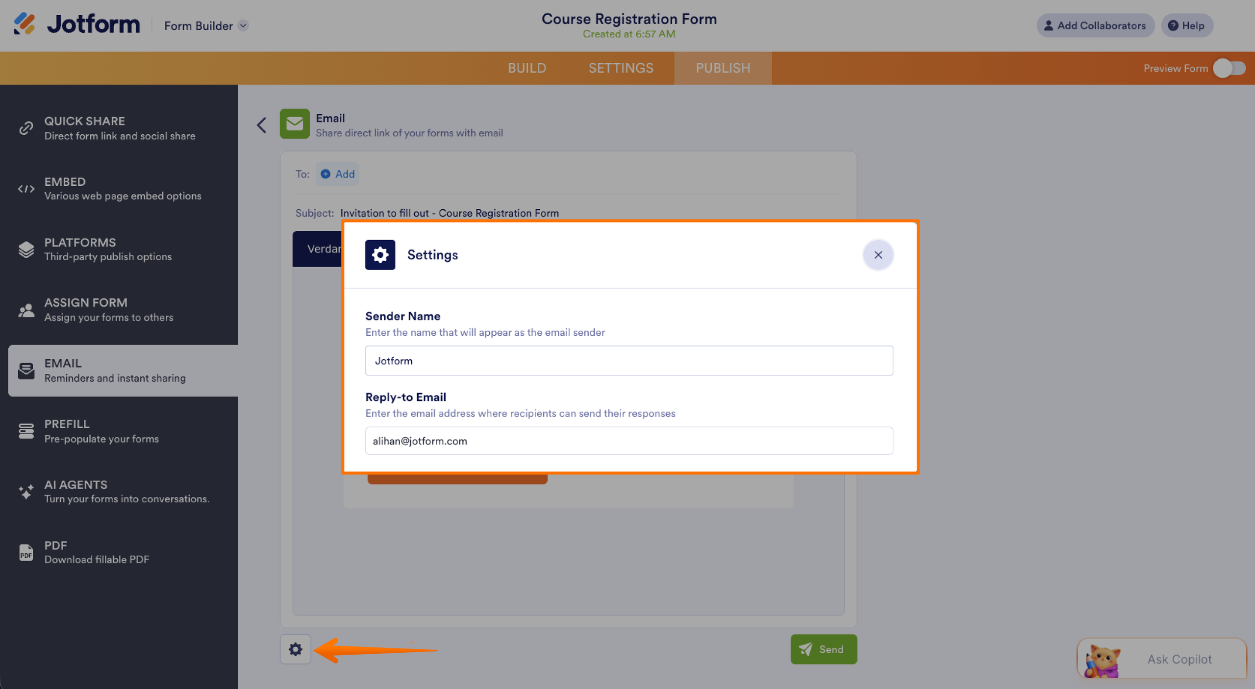 Jotform Form Builder Publish Tab Email Menu Email Share Message Editor Settings Menu