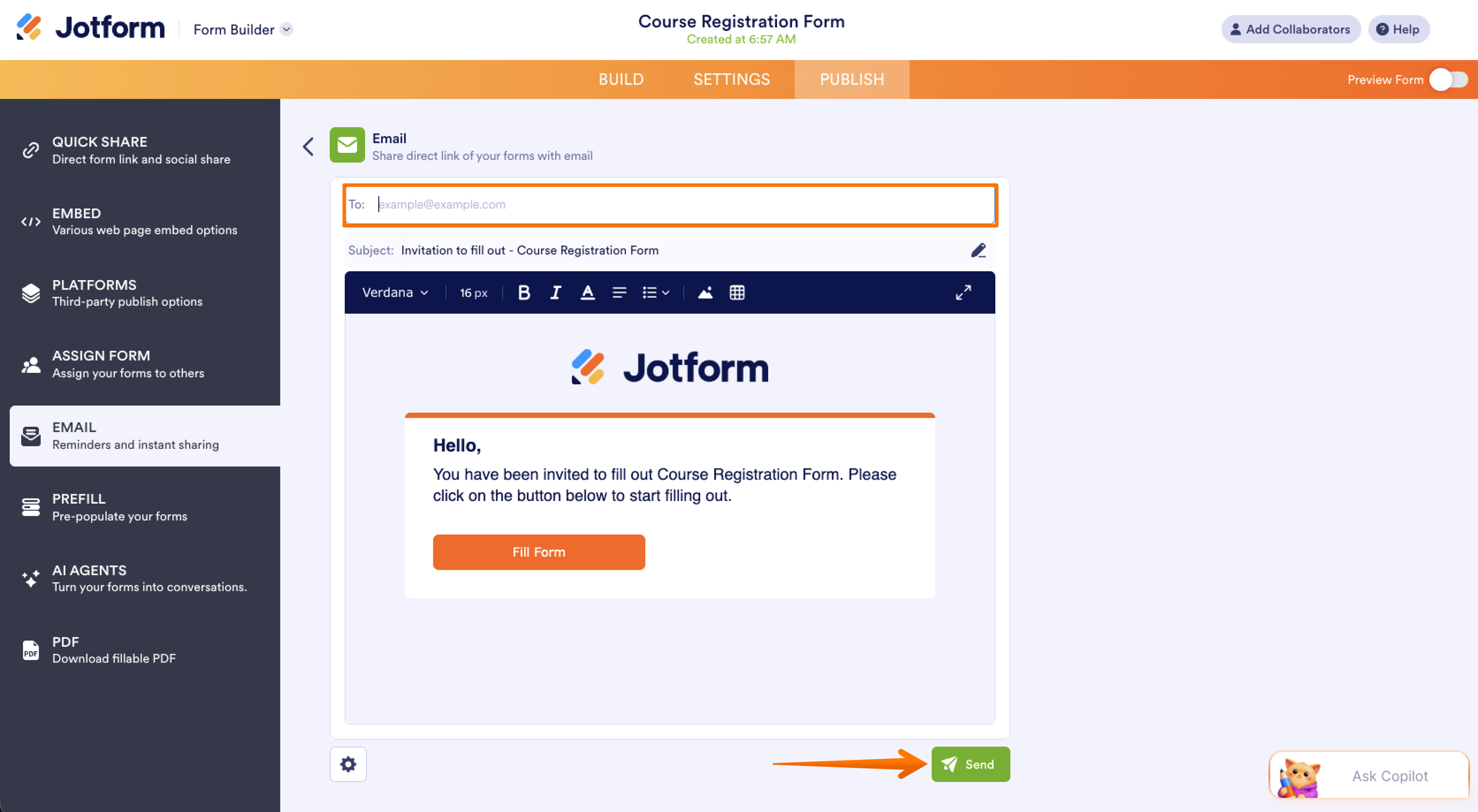 Jotform Form Builder Publish Tab Email Menu Email Share Message Editor Recipient Addition Box