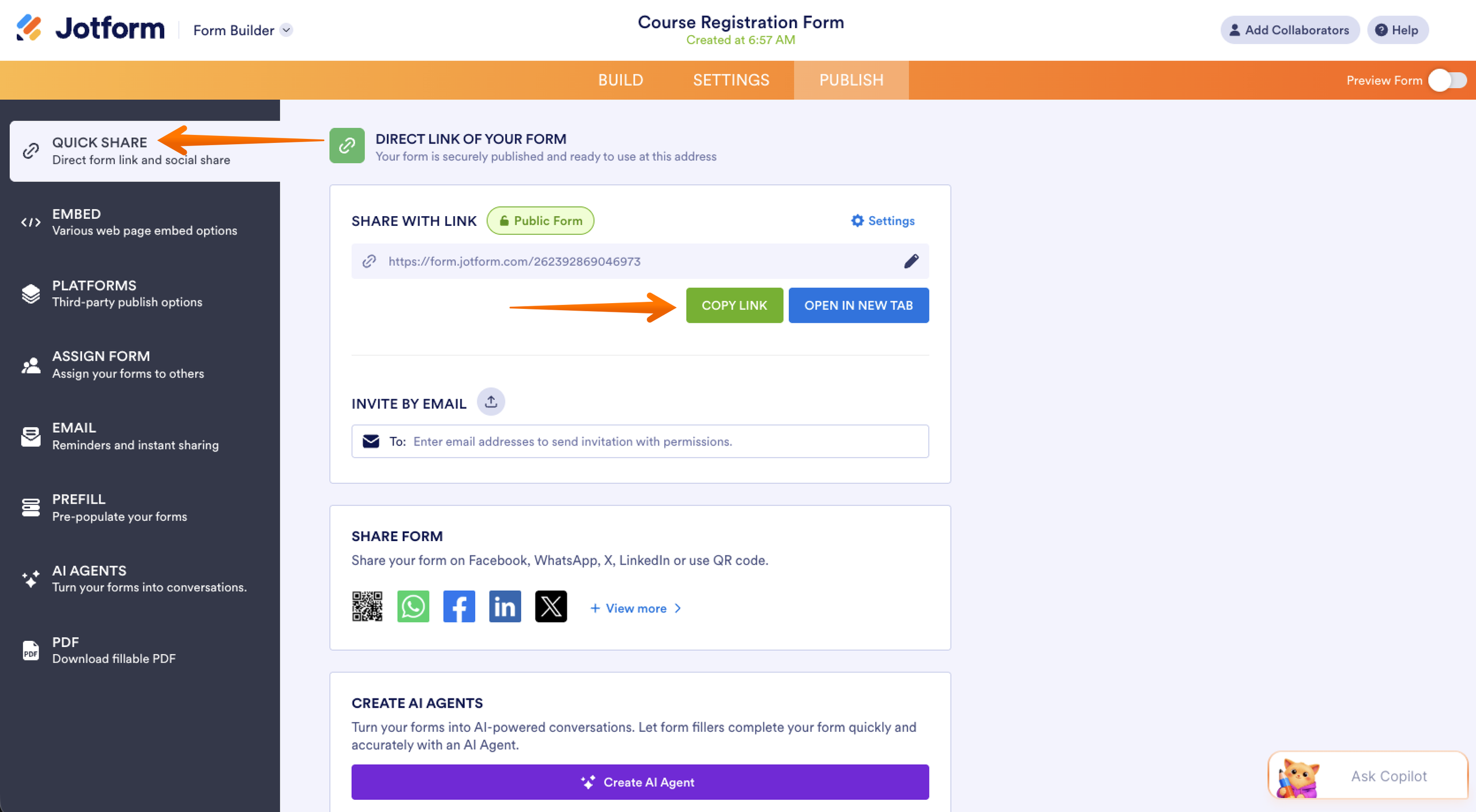 Jotform Form Builder Publish Tab Quick Share Menu Copy Link Button