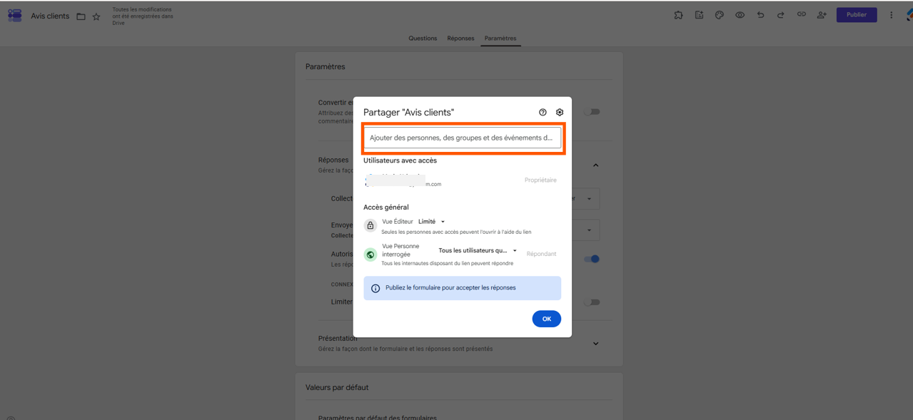 Capture d'écran de la fenêtre de partage par email avec un encadré autour du champ où saisir la ou les adresses email des destinataires du formulaire Google