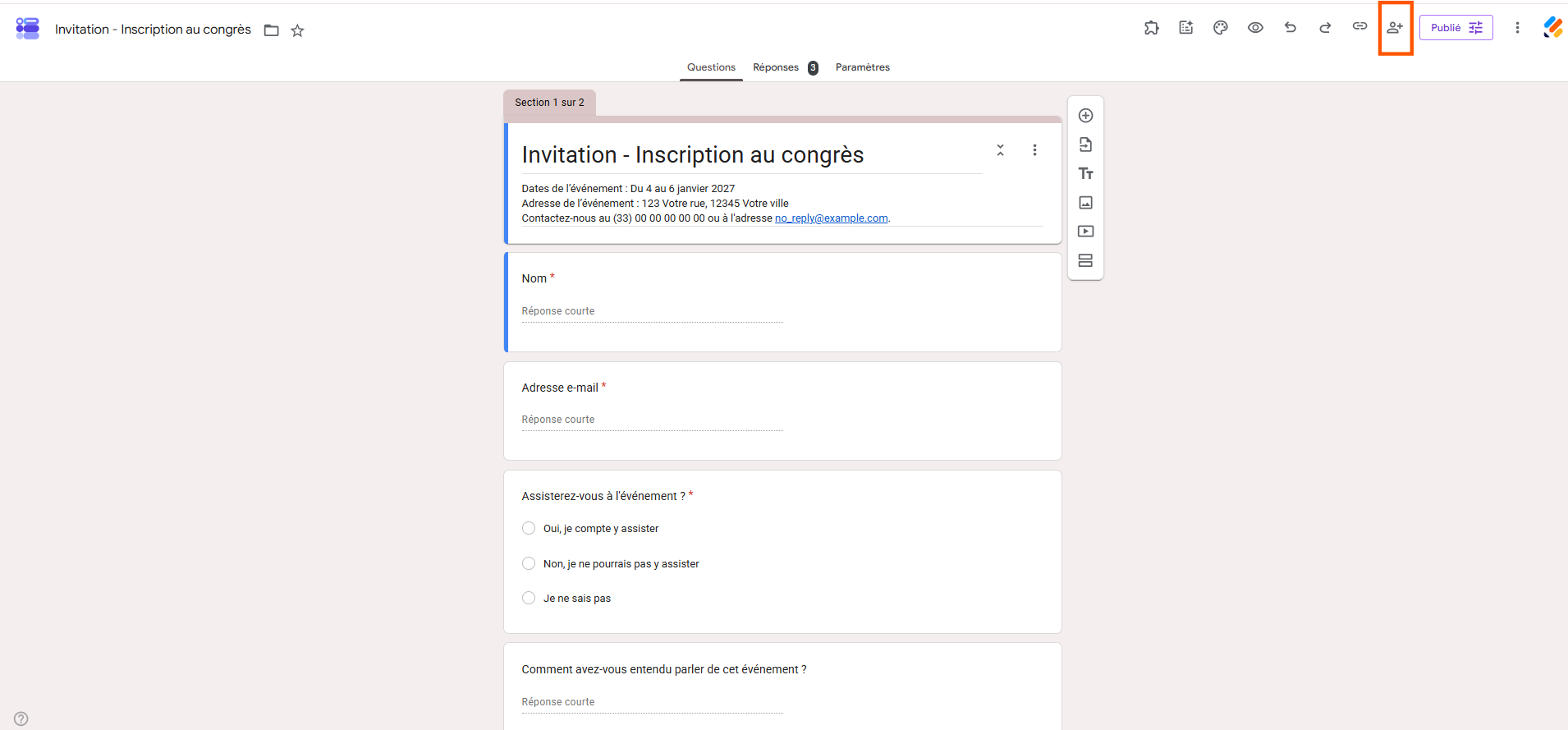 Capture d'écran du formulaire dans Google Forms avec un encadré autour de l'icône de personne avec un signe Plus en haut à droite