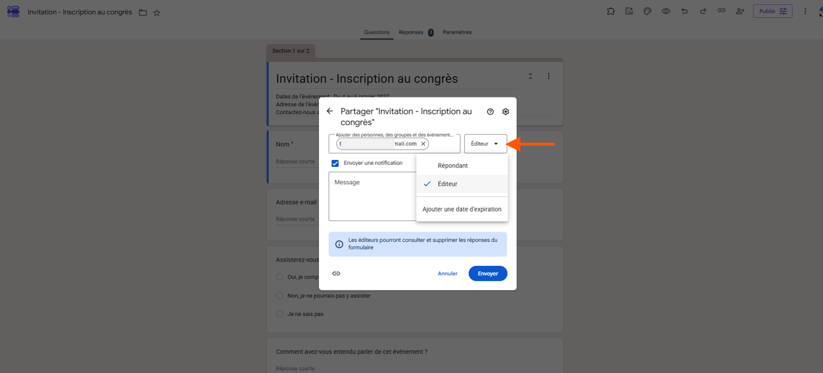 Capture d'écran de la fenêtre contextuelle Partager avec une flèche vers le menu Répondant ou Éditeur avec l'option Éditeur qui a été sélectionnée