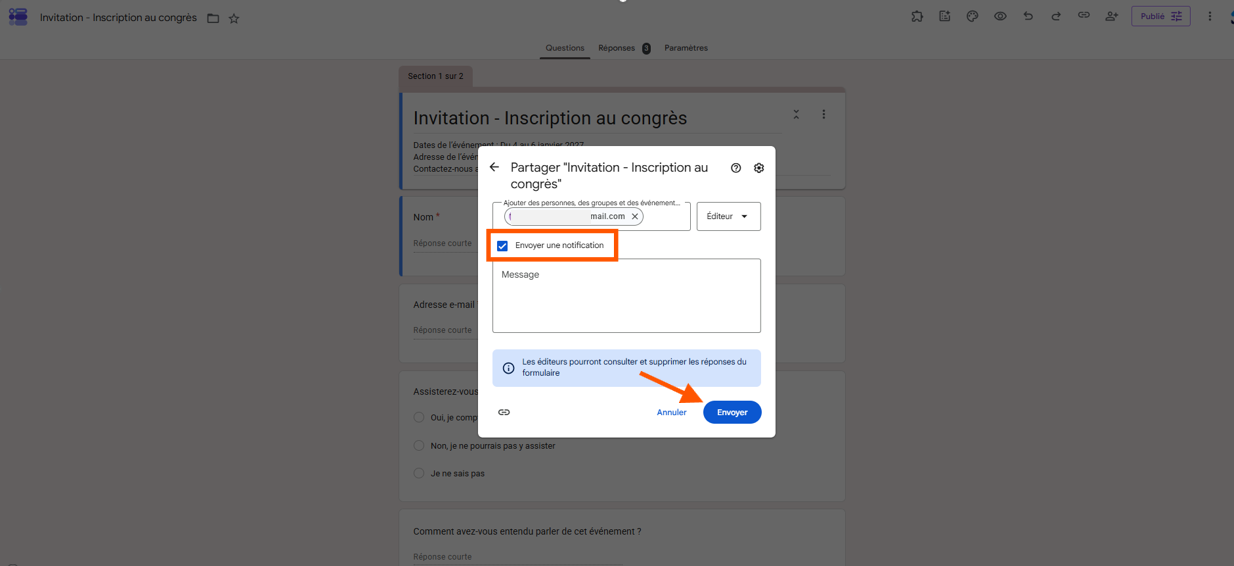 Capture d'écran de la fenêtre contextuelle Partager avec un encadré autour de la coche Envoyer une notification et une flèche pointant vers Envoyer