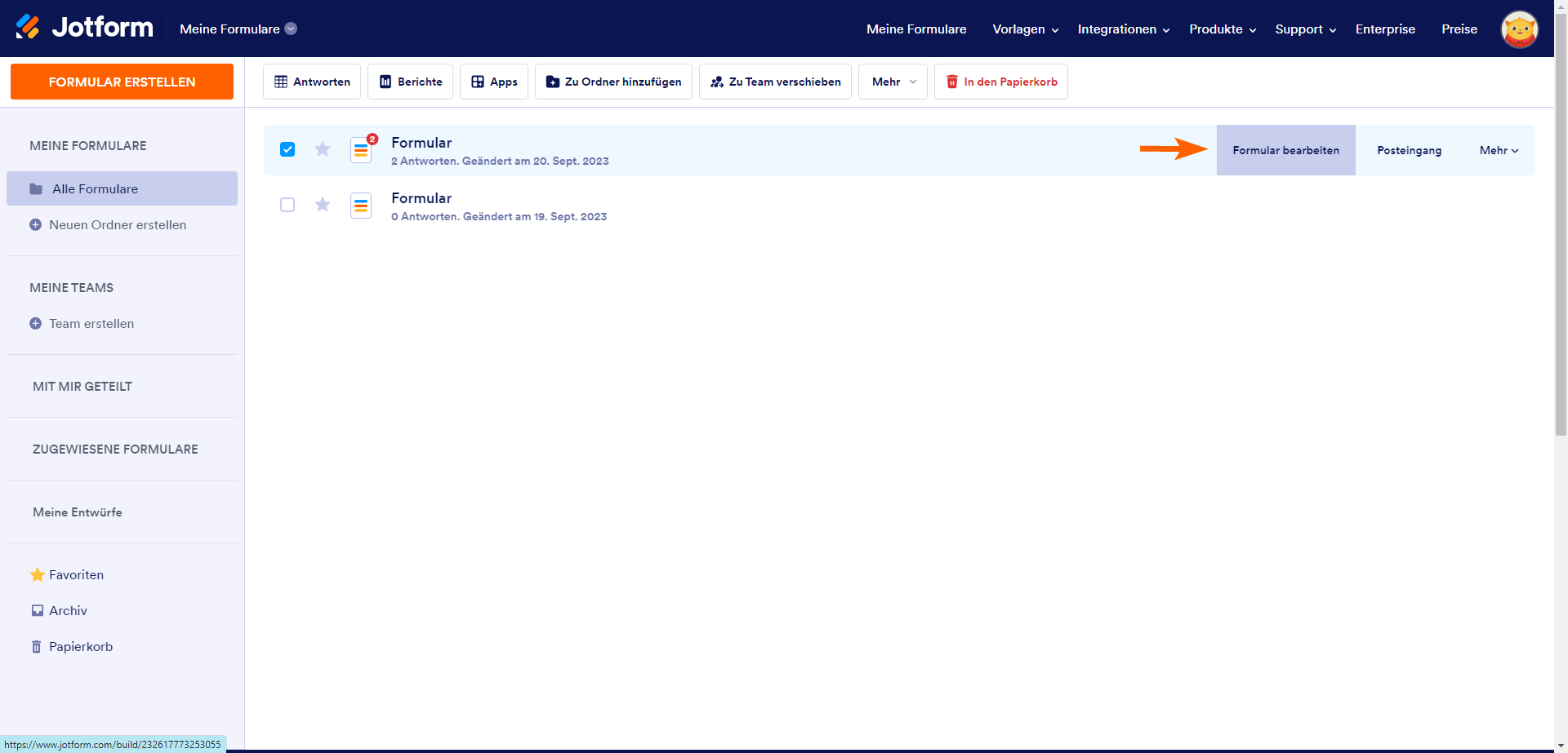 Button „Formular bearbeiten“ Jotform Meine Formulare Seite