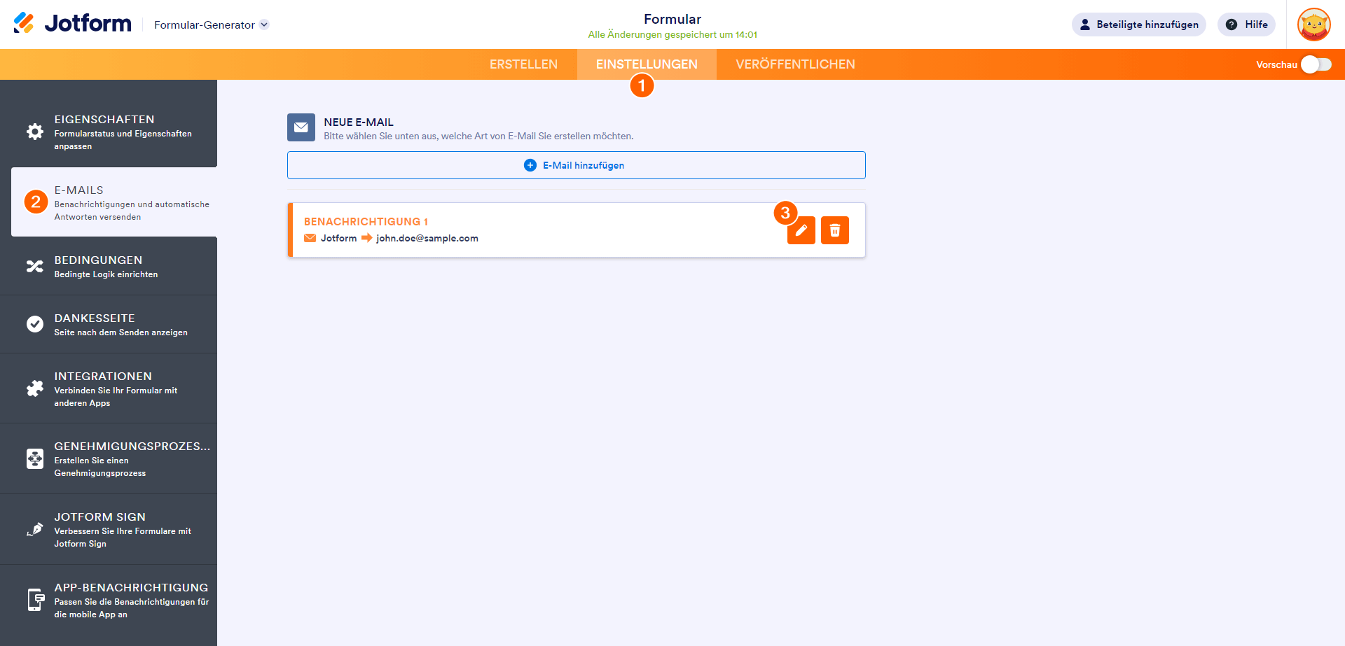 Öffnen der Benachrichtigungseinstellungen in Jotform