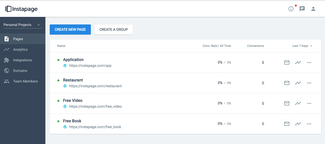 Interface de utilizador do Instapage