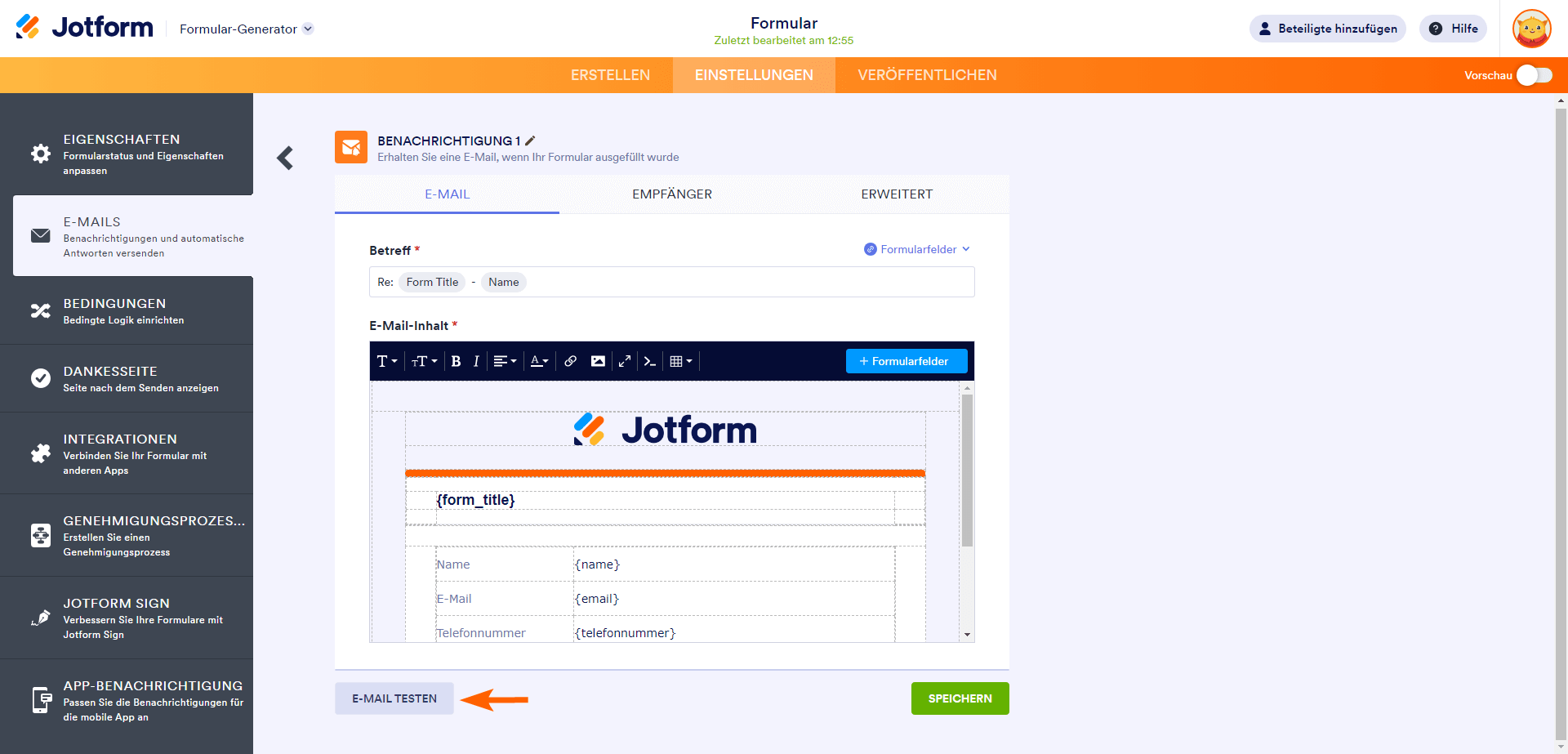 Jotform Test E-Mail Button E-Mail Benachrichtigung