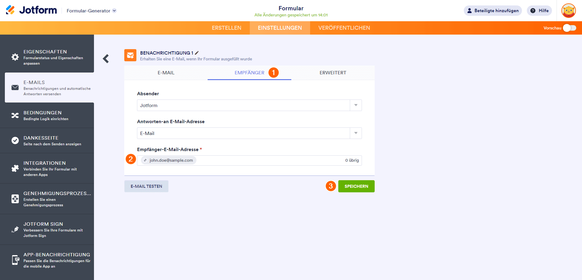 Hinzufügen einer neuen E-Mail-Adresse für Jotform E-Mail Benachrichtigungen