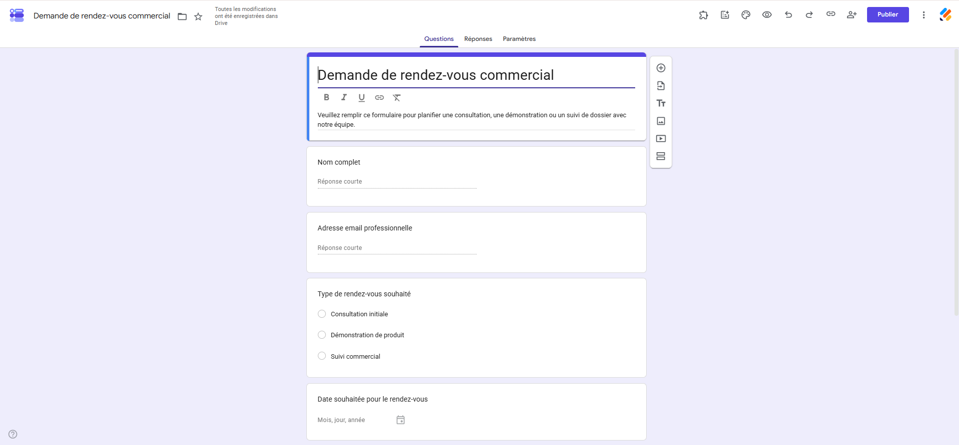Capture d'écran d'un formulaire Demande de rendez-vous commercial dans Google Forms
