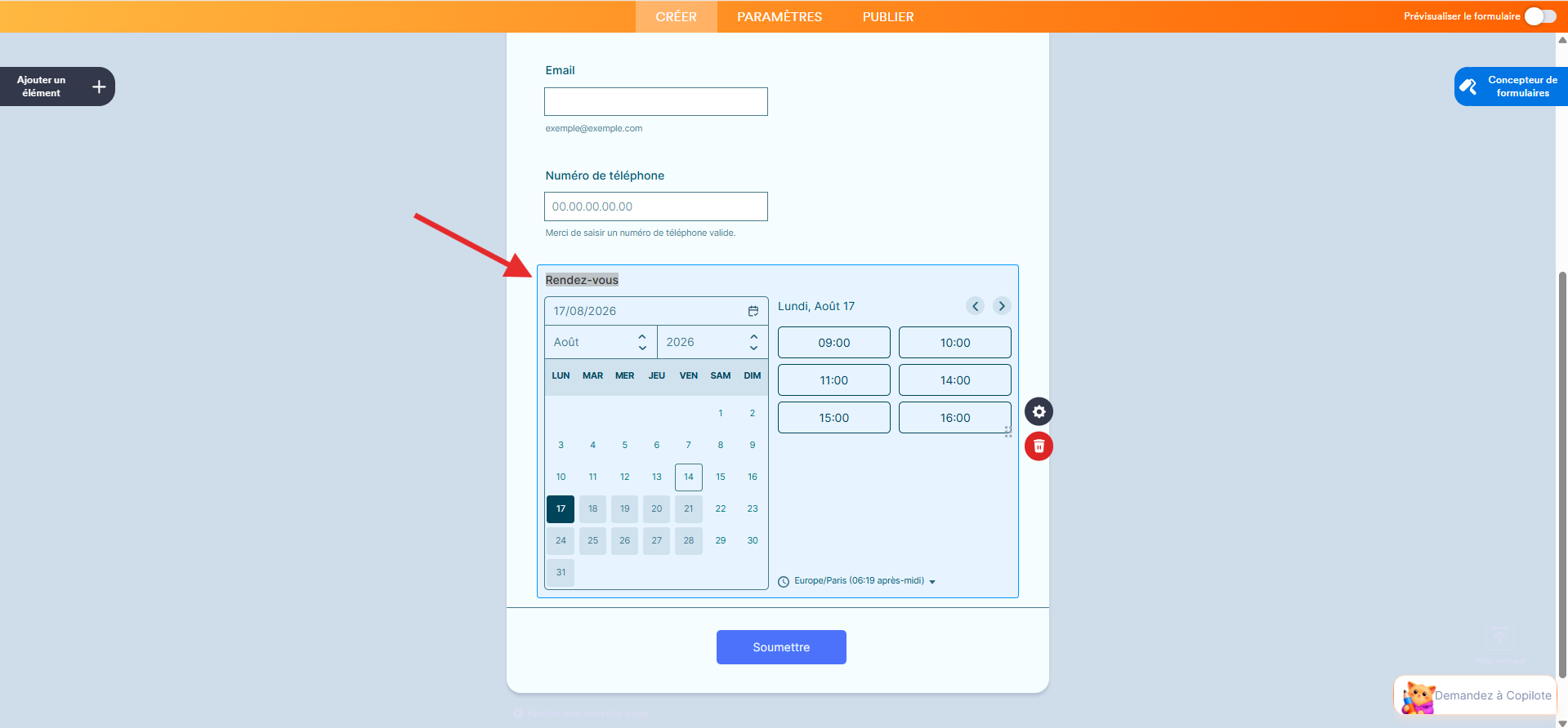 Capture d'écran d'un élément Rendez-vous dans le formulaire Demande de rendez-vous dans le Générateur de formulaires Jotform avec une flèche vers cet élément