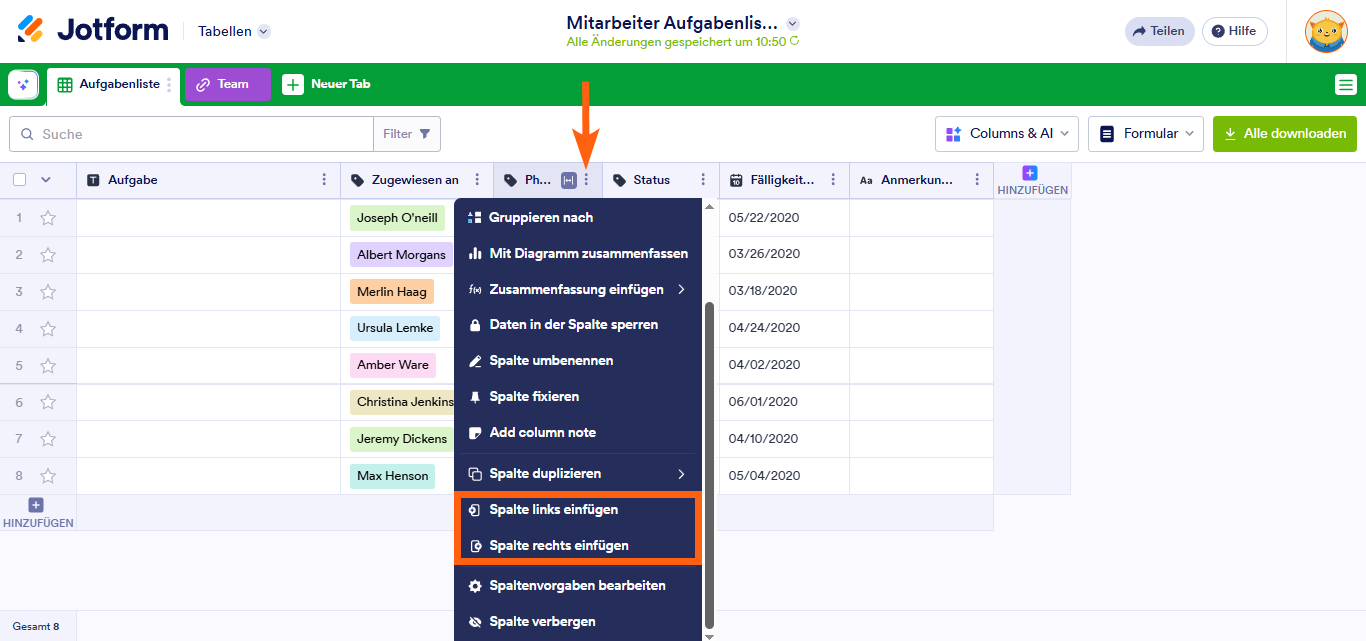 Wie Sie Spalten in Jotform Tabellen hinzufügen und organisieren Image-3