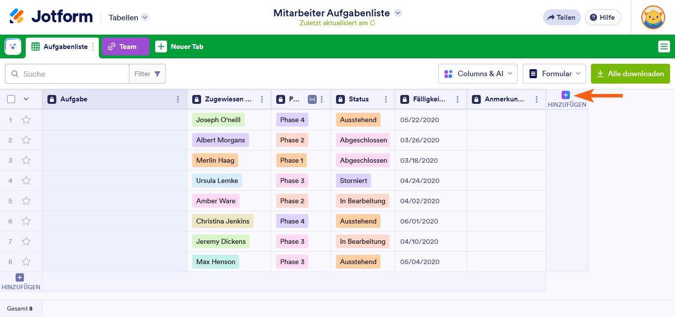 Wie Sie Spalten in Jotform Tabellen hinzufügen und organisieren Image-1