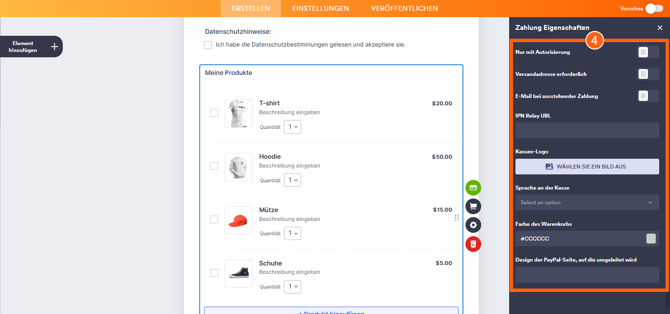 Bildvorschau, Dezimalstellen, PayPal-Seitenstil, Checkout-Logo und Warenkorbfarbe in der Jotform PayPal-Standardintegration einrichten