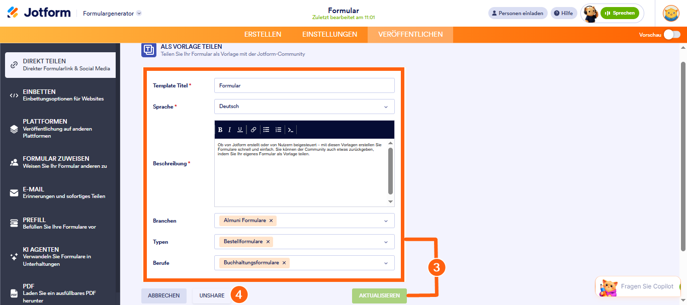 Teilen eines Formulars in der Galerie Vorlagen für Online-Formulare Image-5