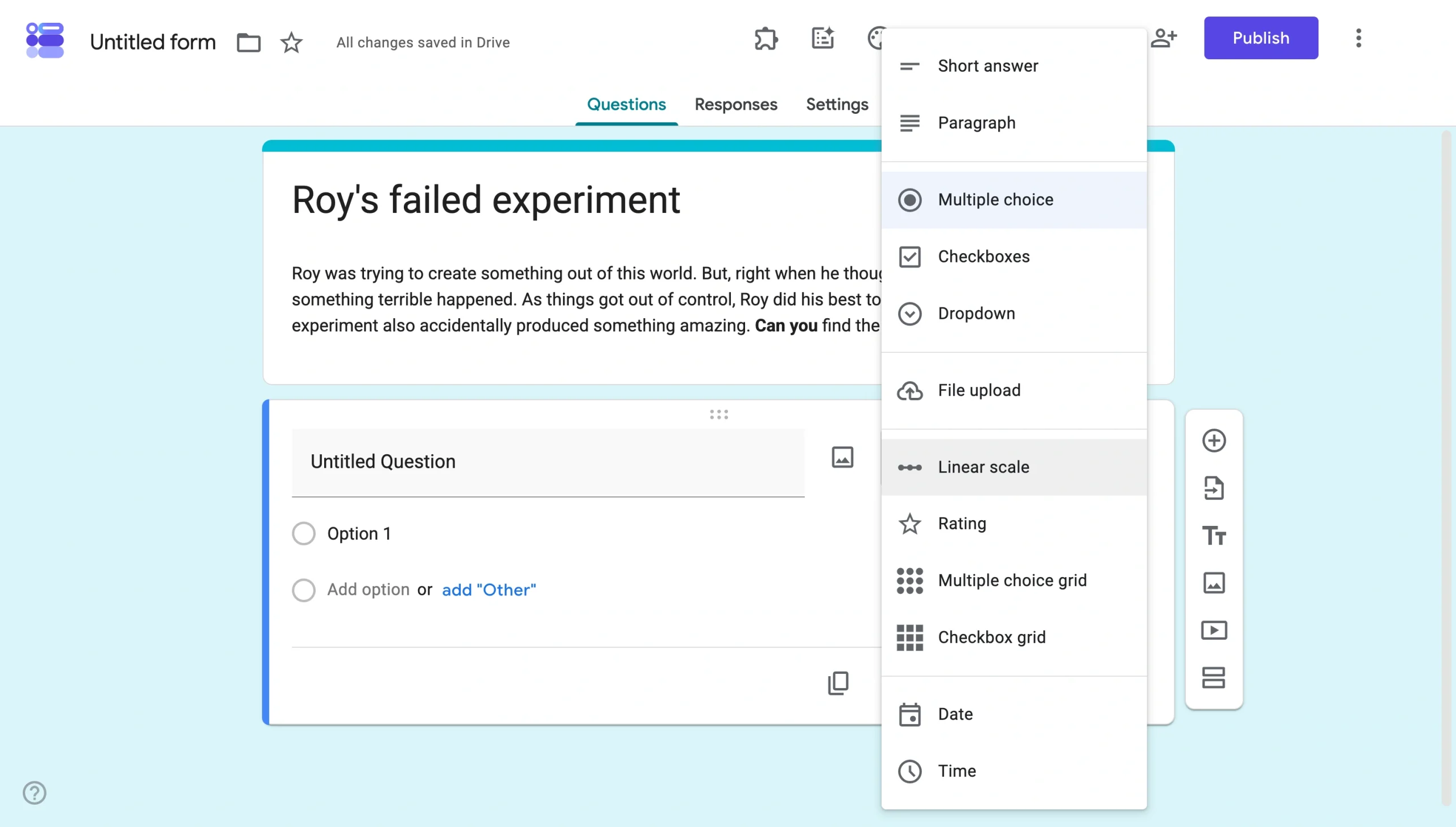 Google Forms question-type menu open, showing multiple-choice and other response options