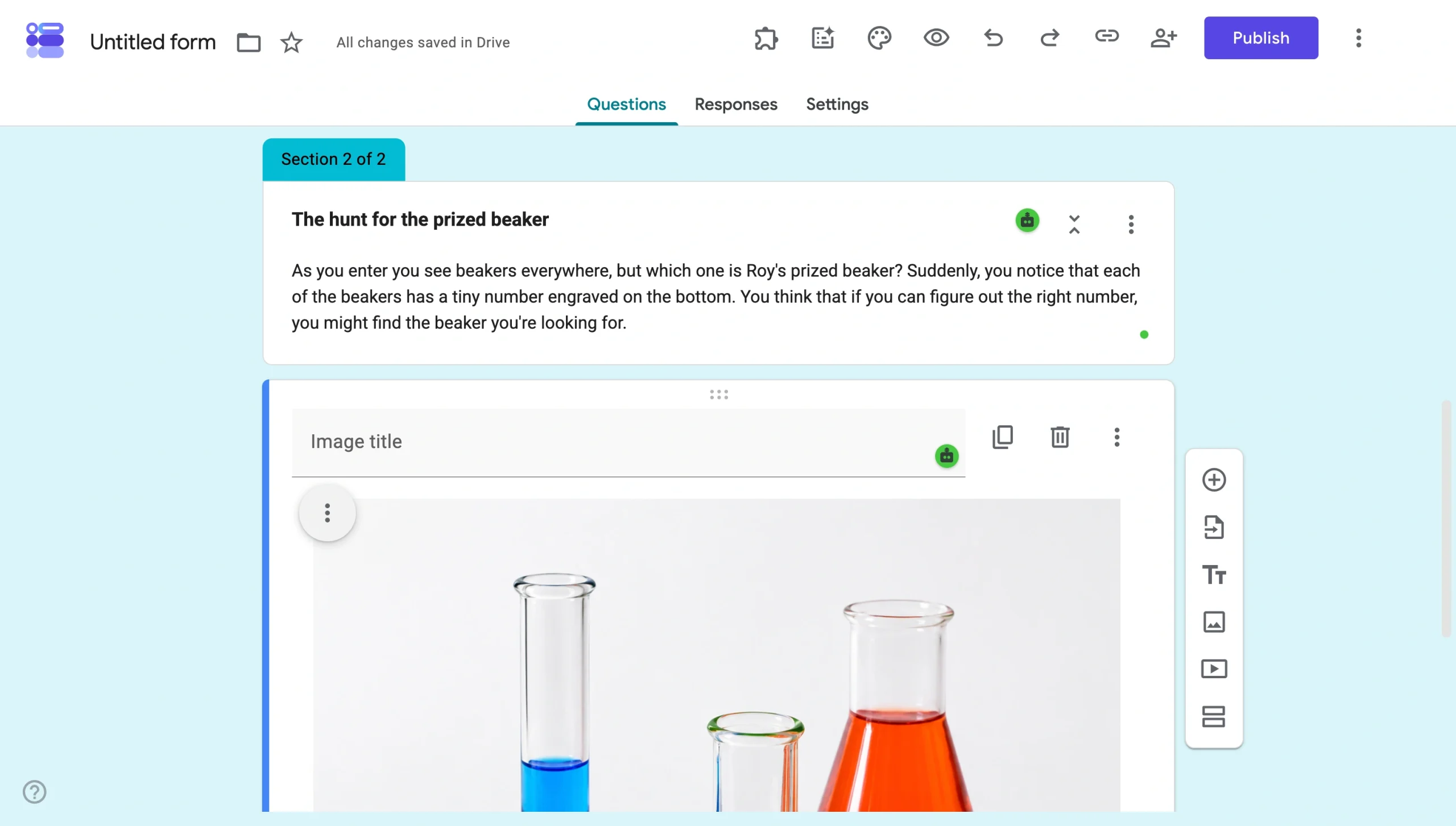 Google Forms section containing an image of colorful laboratory beakers beneath a puzzle question